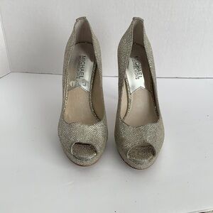 Michael Kors Silver Glitter Peep Toe Pumps. Size 5 1/2.